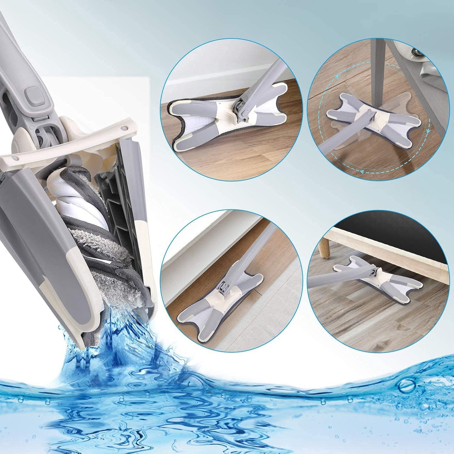 Rotating X Mop Flat Microfiber Floor Mop with 360° Squeeze System and Replaceable Cloth Heads
